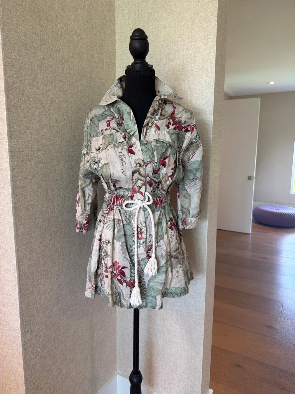 Zimmermann Cassia Jungle Print Belted Linen Playsuit Size 0